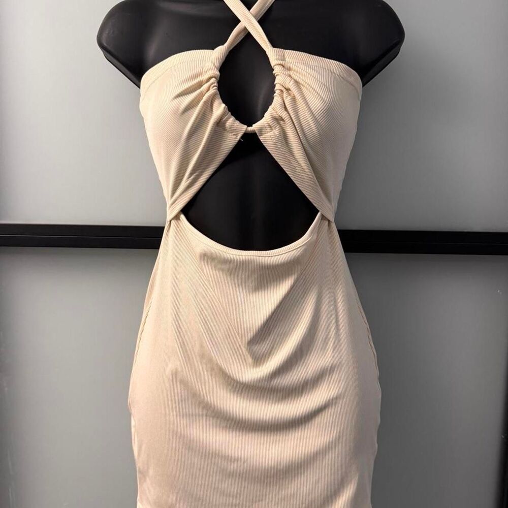 Cream Cut-Out Halter Mini Dress